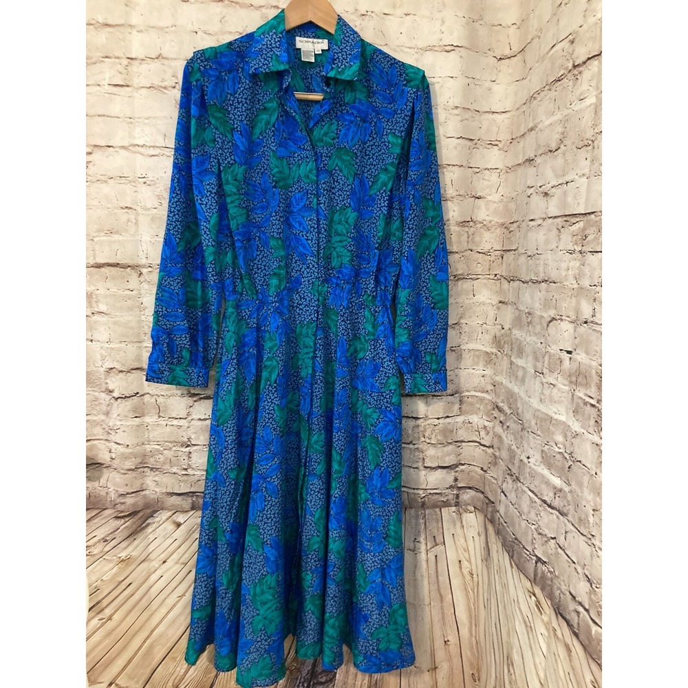 Vintage Schrader Shirt Dress Women 12 Blue Tropical Full Button Front Midi Satin